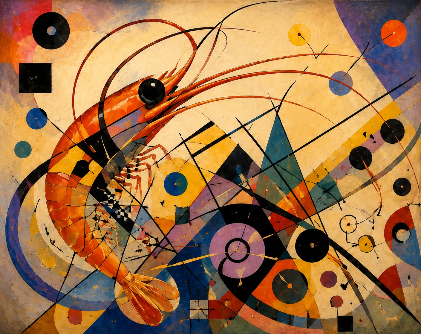 An abstract shrimp-folk composition inspired by Kandinsky with bold geometric forms and layered colors.