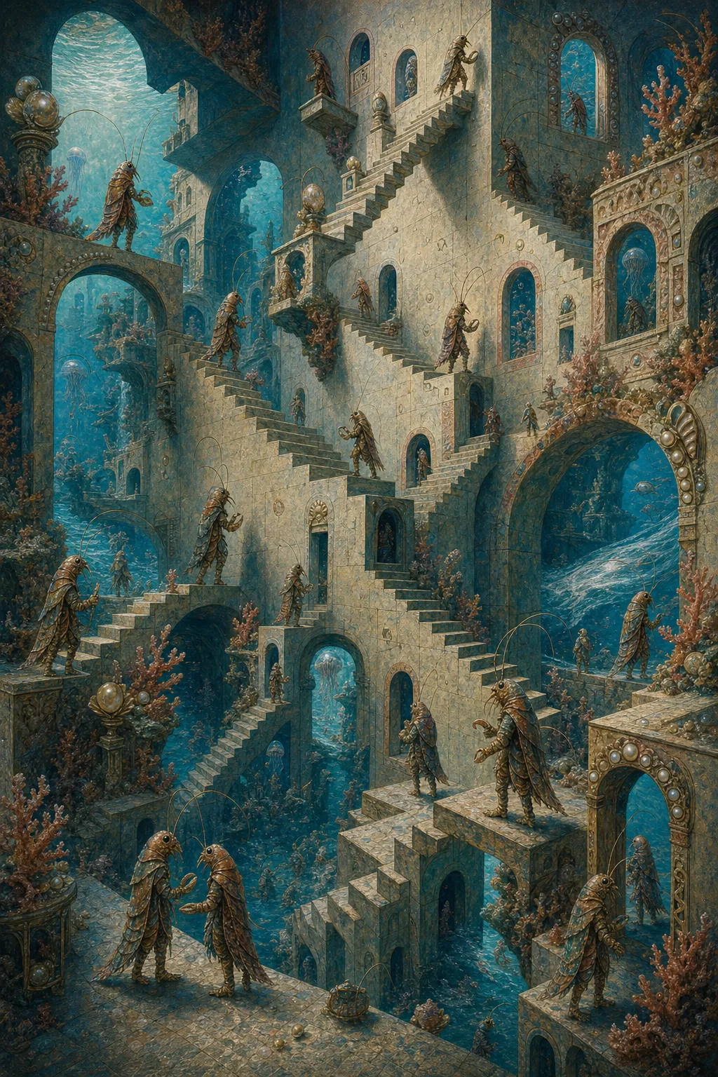 A surreal reef city where shrimp-folk citizens move through coral stairways, arches, windows, and plazas arranged in impossible gravity.