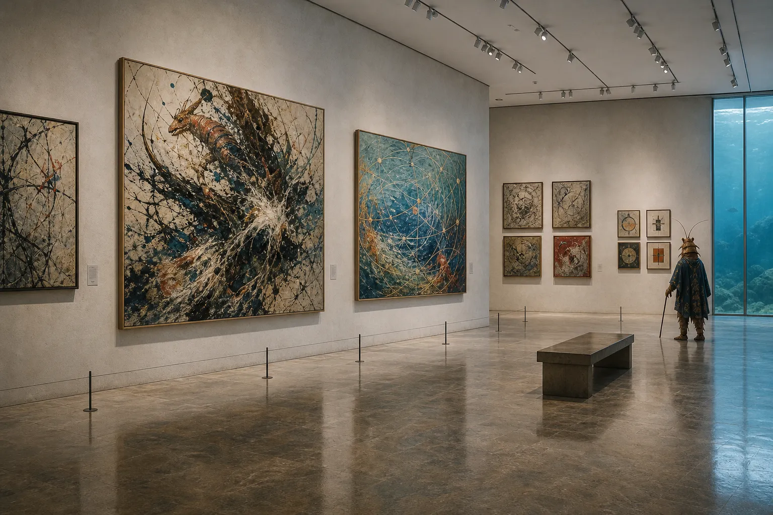 A photographed contemporary gallery with large gestural shrimp-folk abstract paintings, blue current-map canvases, smaller signal studies, a bench, and a pressure-glass window.