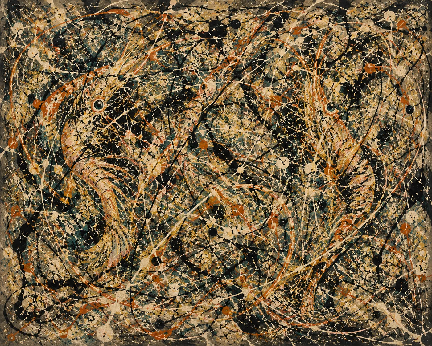 A Pollock-like abstract expressionist painting with tangled splatters, looping shrimp forms, antenna-like arcs, and black, cream, teal, and orange paint.