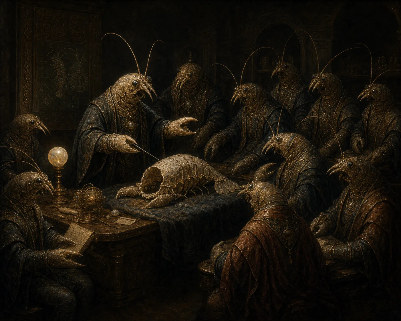 A Rembrandt-like shrimp-folk group portrait where scholars gather around an empty molted shell under warm lamplight.