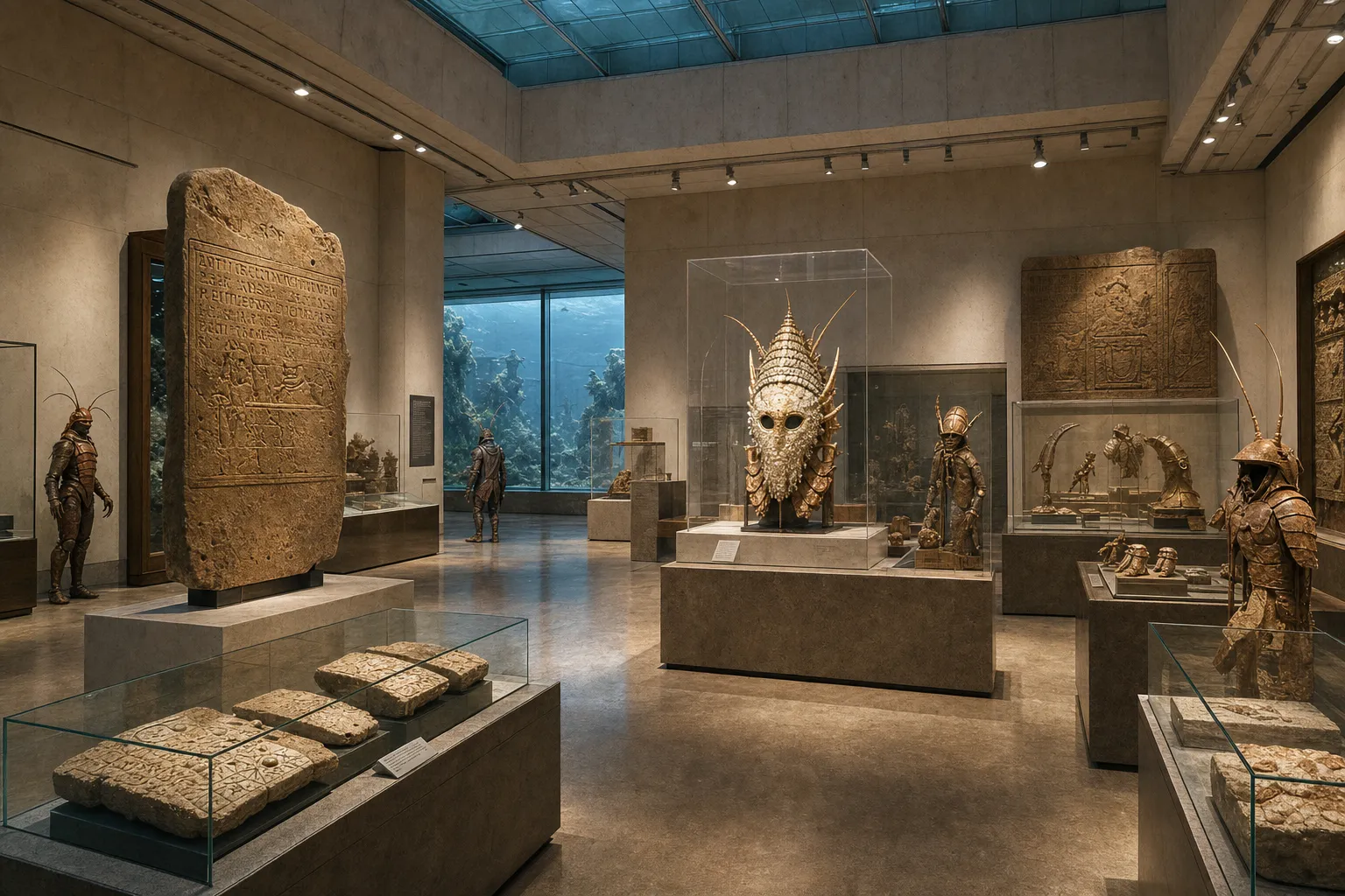 A photographed MoSFA archaeology gallery with shell tablets, carved reliefs, vitrines of armor and ritual objects, and an illuminated pearl mask on a central plinth.