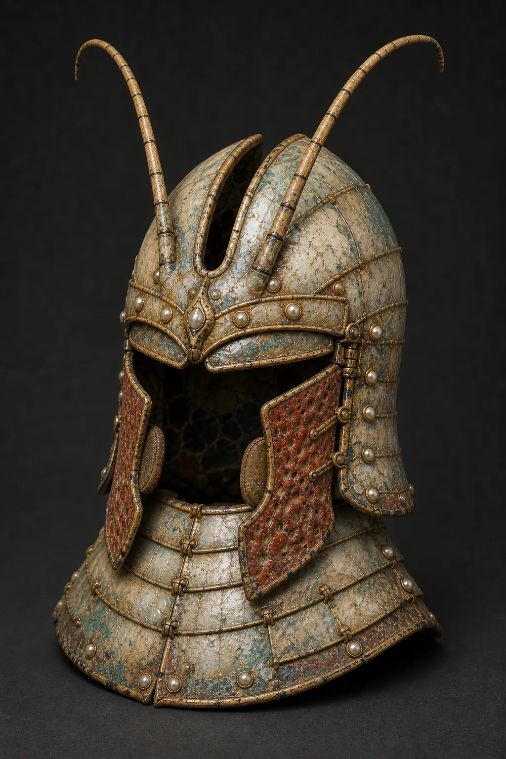 A shell-gold ancient shrimp-folk helm with paired antenna channels, pearl rivets, coral cheek guards, and a segmented neck flare.