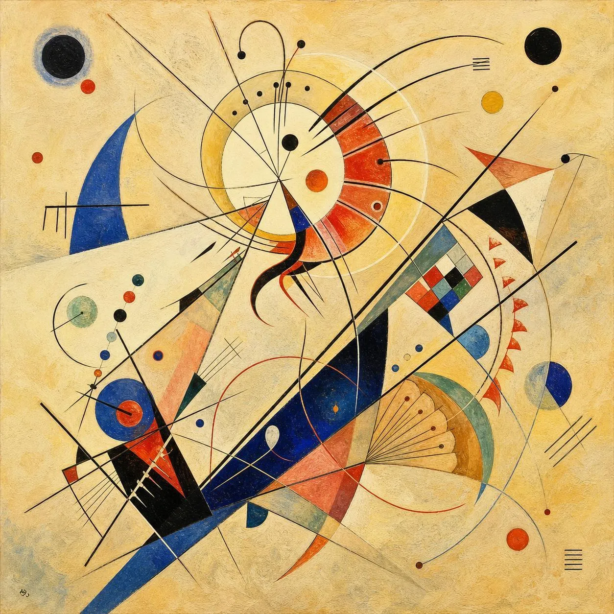 A Kandinsky-like shrimp-folk abstraction with sweeping black antenna lines, red and blue geometric forms, circular signals, and a pale textured ground.