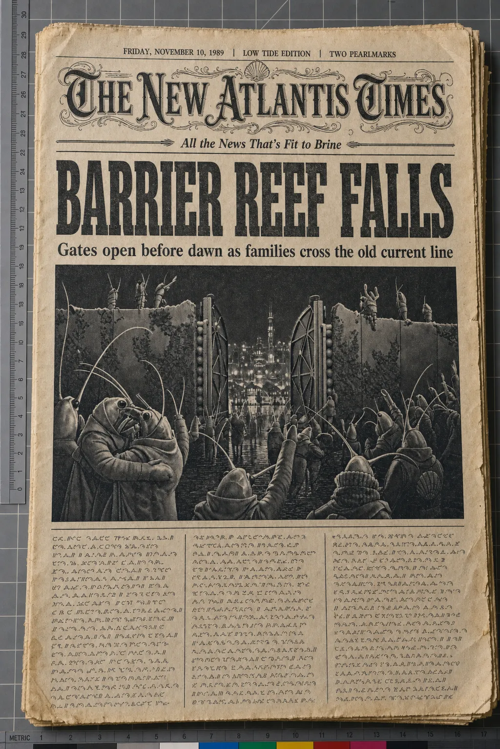 A dated New Atlantis Times front page for Friday, November 10, 1989, photographed on aged newsprint with the headline Barrier Reef Falls, a halftone image of shrimp-folk citizens at an opened reef gate, and shell-script news columns.