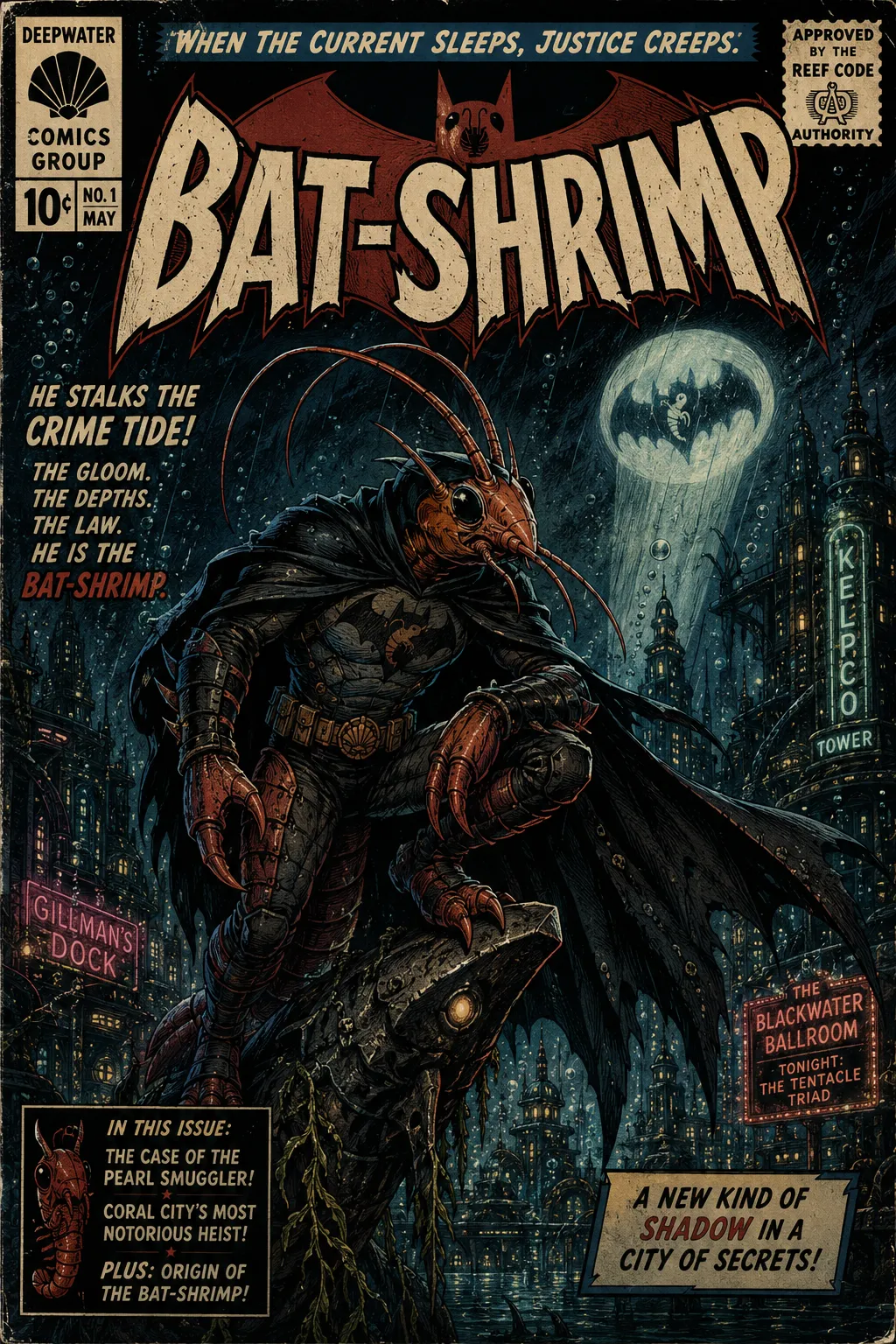 A dark pulp comic cover for Bat-Shrimp showing a caped shrimp-folk vigilante crouched above an underwater city at night.