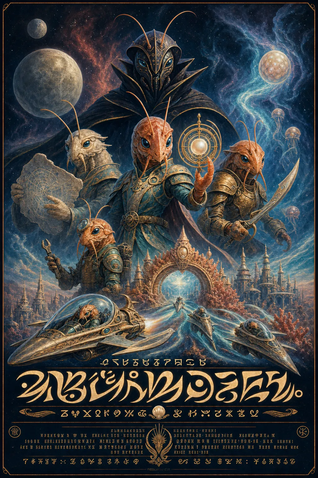 A painted shrimp-folk space-opera poster with a heroic adventuring ensemble, masked rival, pearl astrolabe, coral orbital gate, star skiffs, moons, and glyph title lettering.