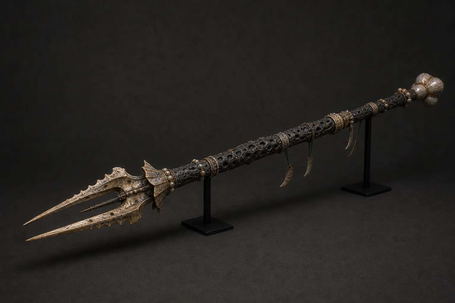 A long black coral lance on museum supports with a forked shell-gold head, pearl counterweights, cord grips, hanging current vanes, and worn strike marks.