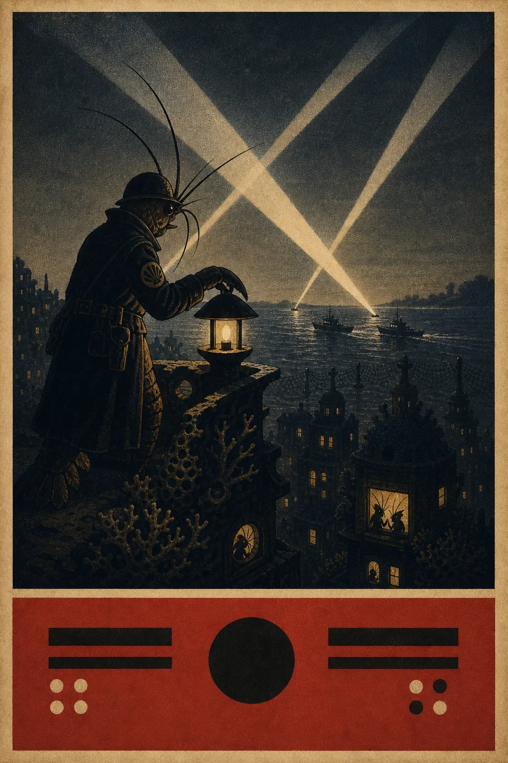 A dark 1940s-style shrimp-folk civil defense poster showing a helmeted warden shielding a lantern above a blackout reef city crossed by searchlights.