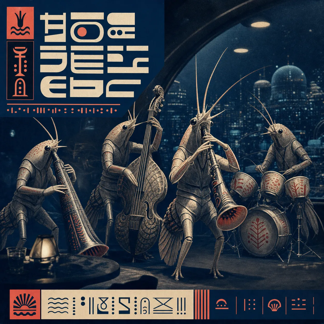 A square jazz LP cover showing four shrimp-folk musicians performing in a nocturnal New Atlantis tide-room club beneath blocky invented glyph typography.