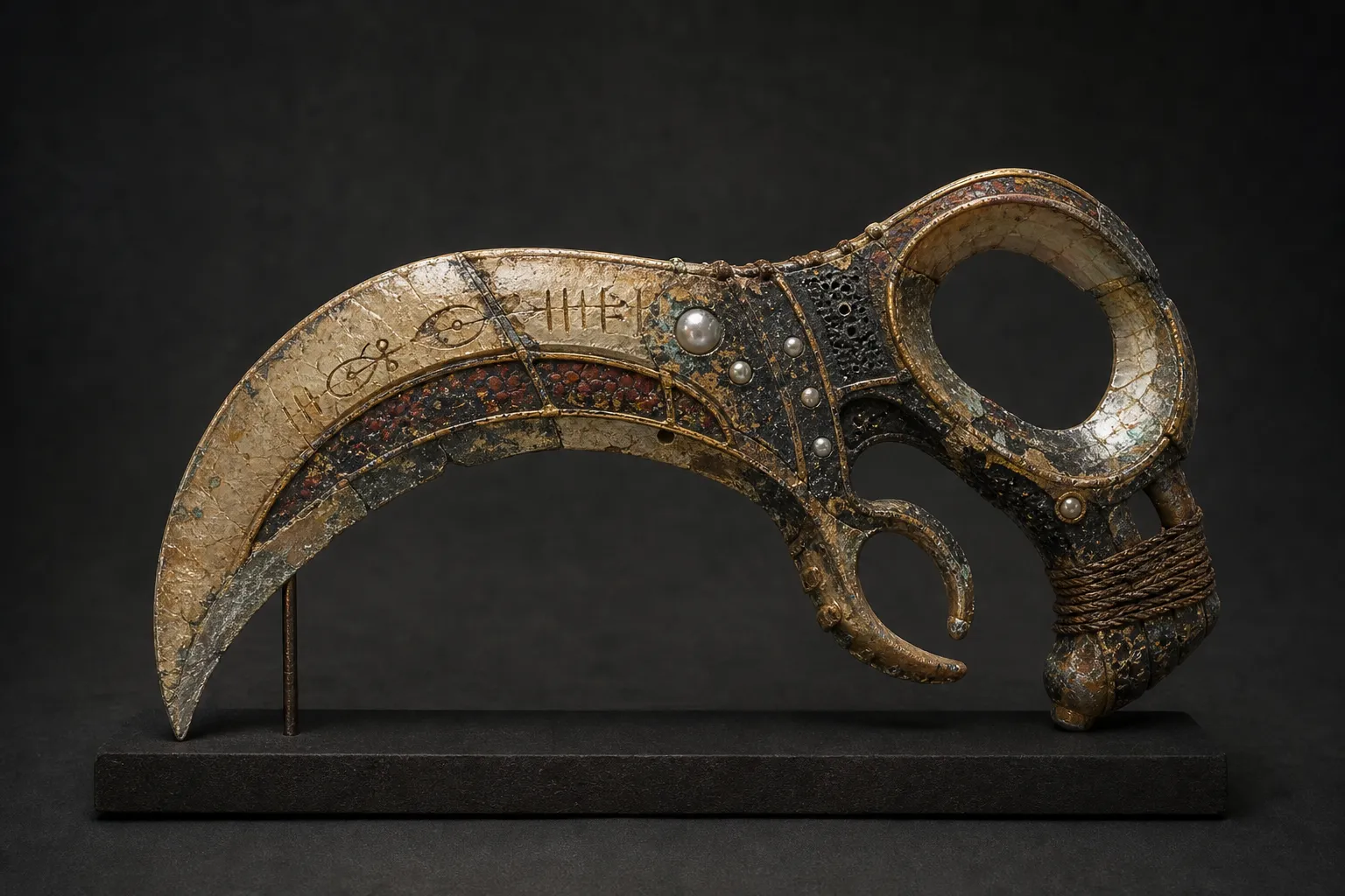 A curved shell-gold hookblade with black coral panels, pearl rank inlays, claw-sized ring grips, cord binding, and tide-glyph incisions.