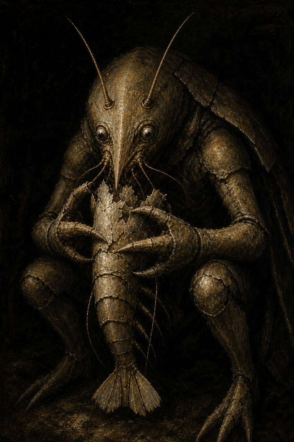 A dark Goya-like Black Painting of a crouched aged shrimp-folk titan with staring eyes gripping a broken smaller shell figure against a black void.