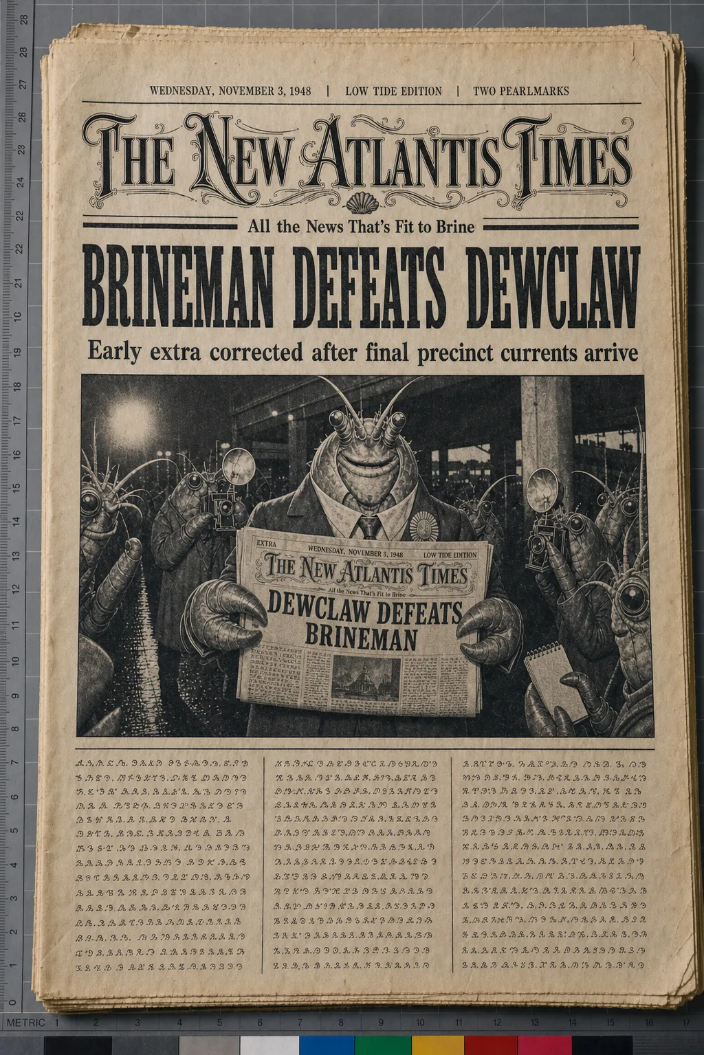 A dated New Atlantis Times front page for Wednesday, November 3, 1948, photographed on aged newsprint with the corrected headline Brineman Defeats Dewclaw above a halftone image of a shrimp-folk candidate holding a miniature New Atlantis Times extra that reads Dewclaw Defeats Brineman.