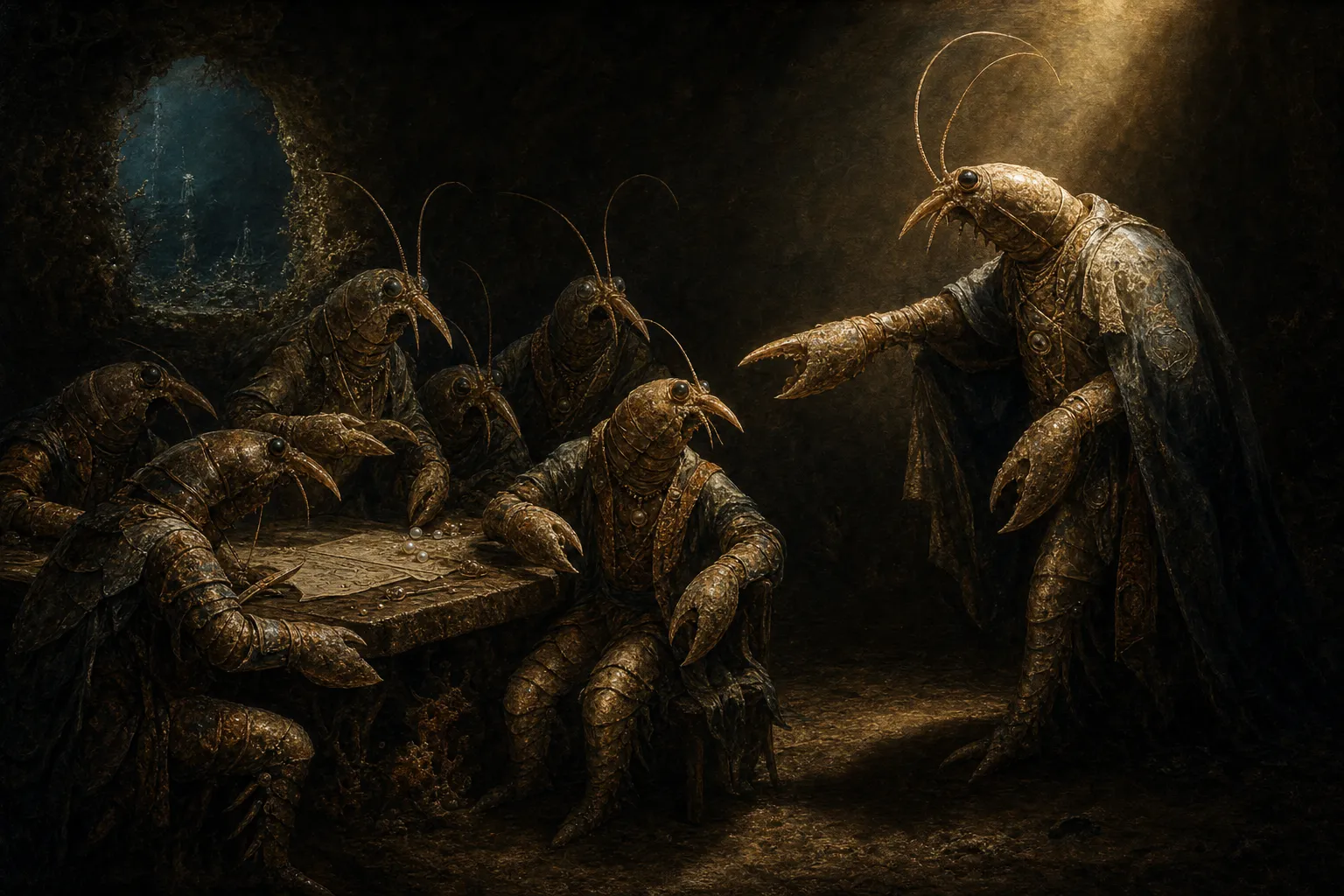 A Caravaggio-like shrimp-folk tavern scene where a radiant caller points toward a seated pearl diver in dramatic golden light.