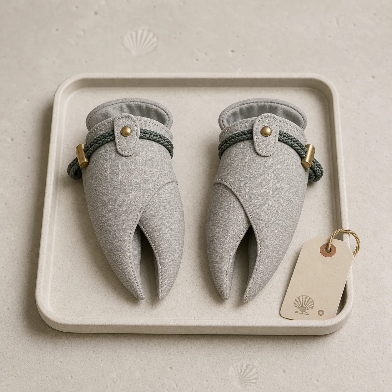 Product photograph of a pair of soft gray protective claw covers on an archival tray.