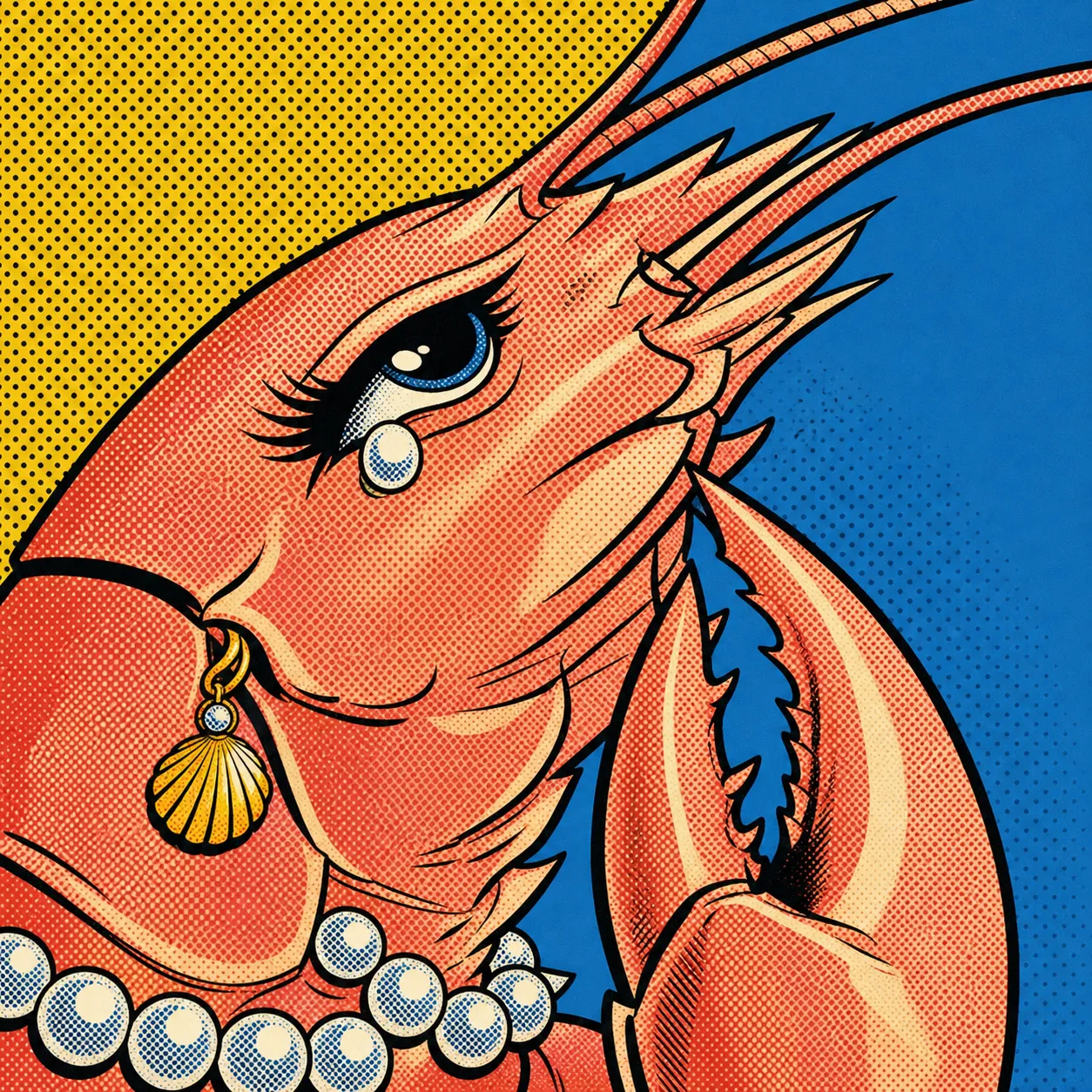 A Lichtenstein-like Pop Art close-up of a glamorous shrimp-folk figure with bold black lines, Ben-Day dots, pearl jewelry, and a single tear.