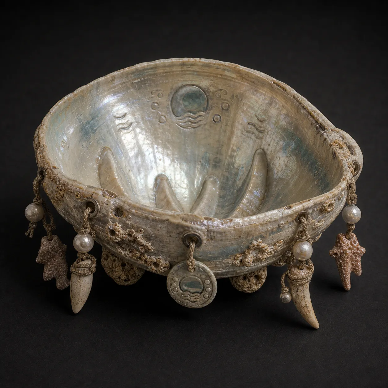 A small polished cradle shell with moon-pool glyphs, pearl rattles, protective coral teeth, and softened hand-worn edges.