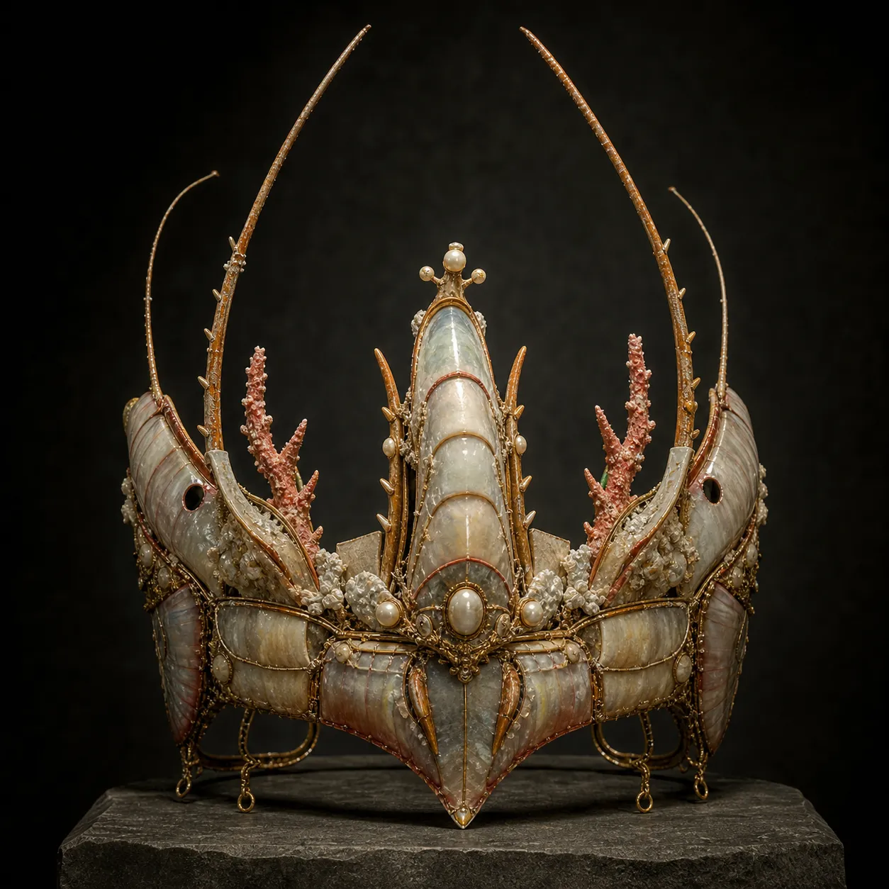 A shell-gold royal crown with pearl nodes, antenna-like arcs, coral prongs, salt crystals, and worn ceremonial hinges.