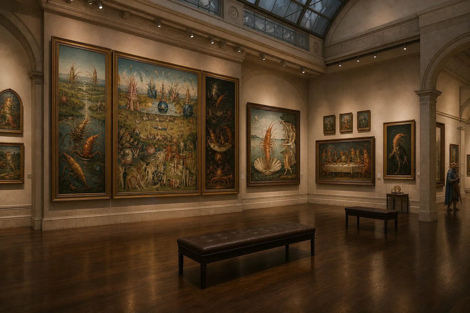 A warm museum gallery of shrimp-folk Renaissance paintings, anchored by a monumental triptych, a shell-born birth scene, a supper-table painting, and smaller devotional portraits.