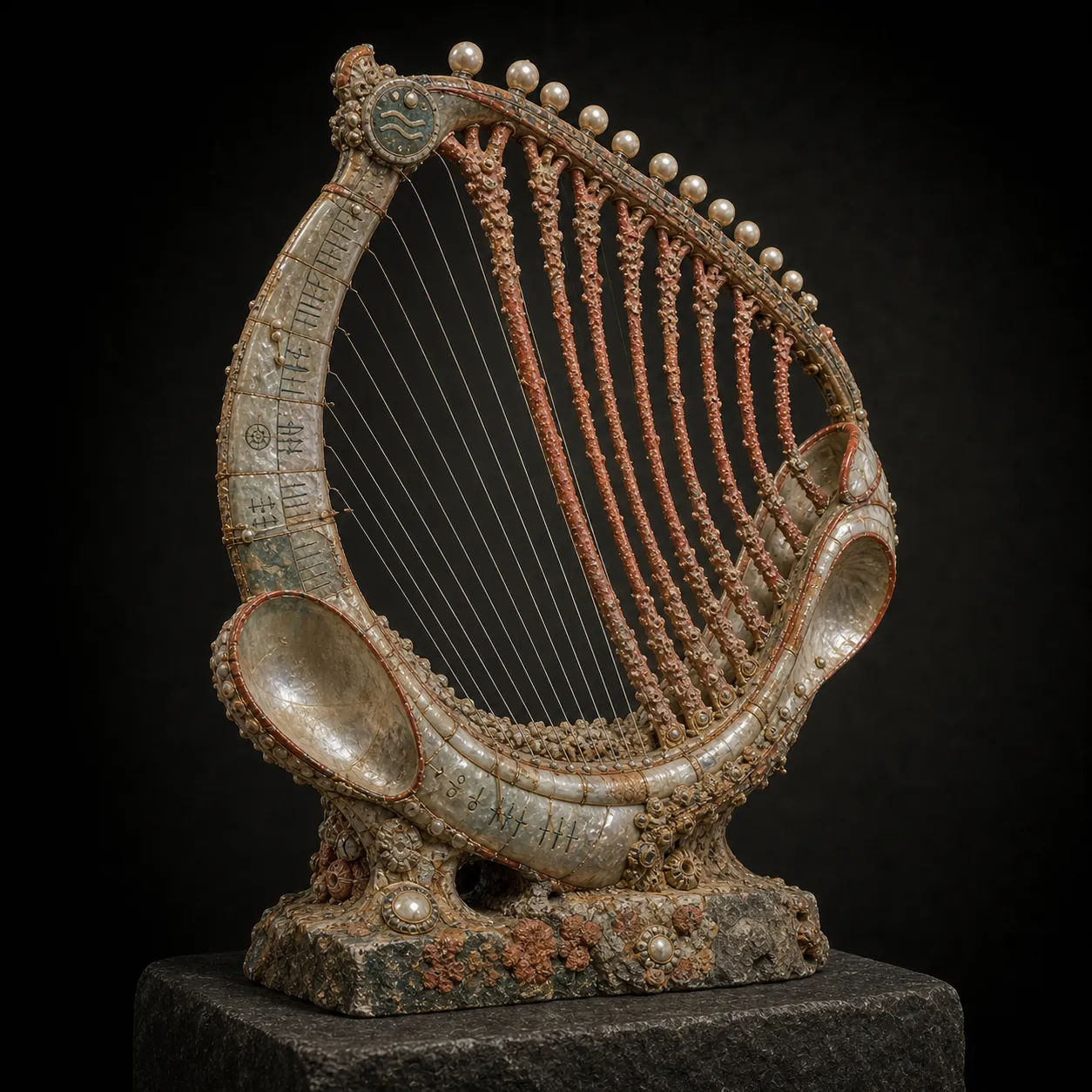 A ceremonial shell harp with coral ribs, pearl tuning beads, tide-glyph incisions, and a dark mineral-polished base.