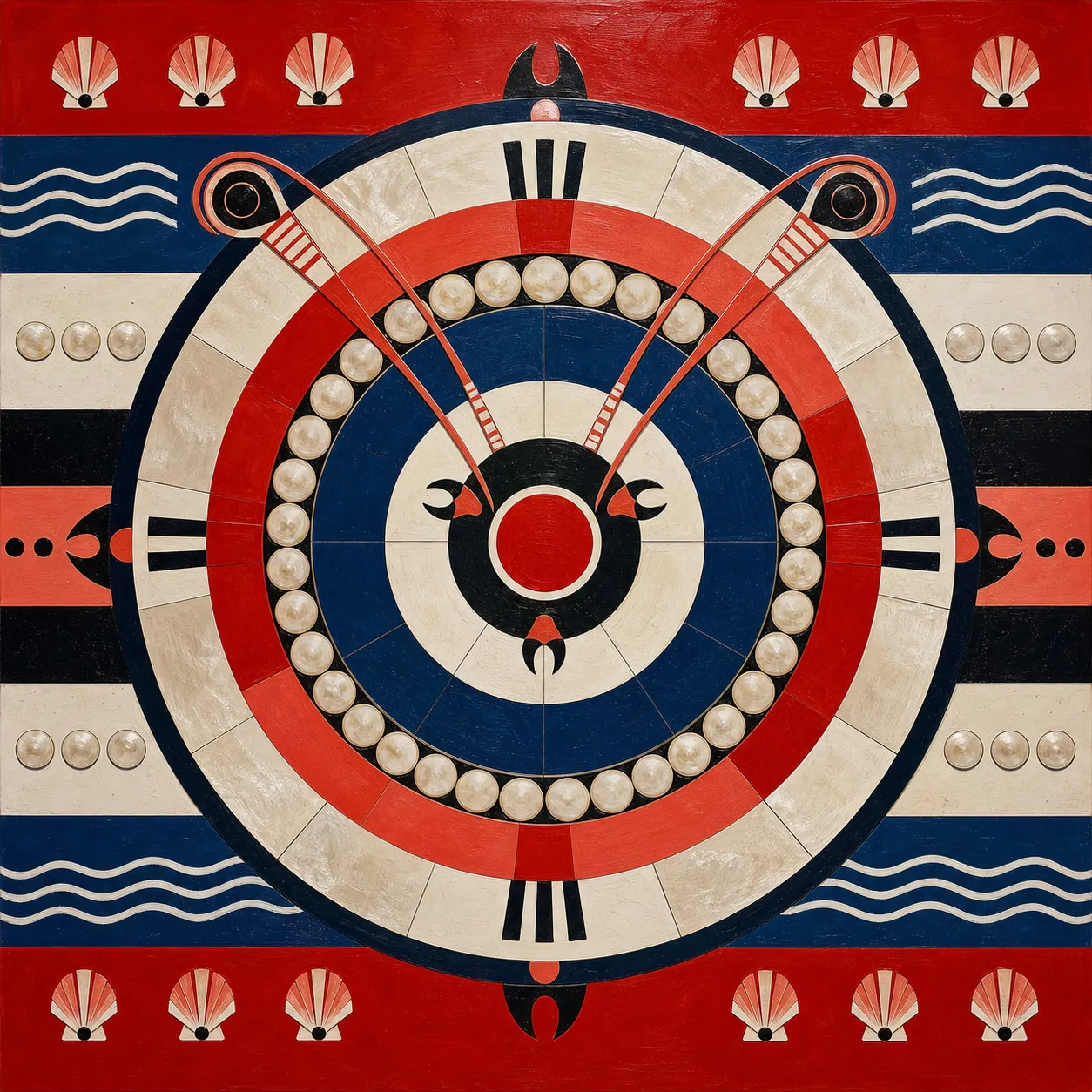 A hard-edge Pop Art target painting with red, blue, white, and black tide bands, pearl rings, shell icons, antenna lines, and claw-shaped marks.