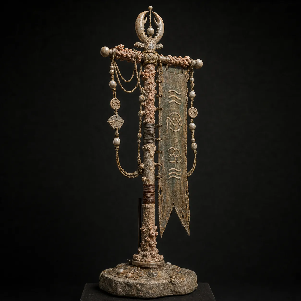 A reef-guild standard with a weighted coral pole, pearl-knot cords, carved claw emblems, and a storm-darkened kelp-fiber banner.