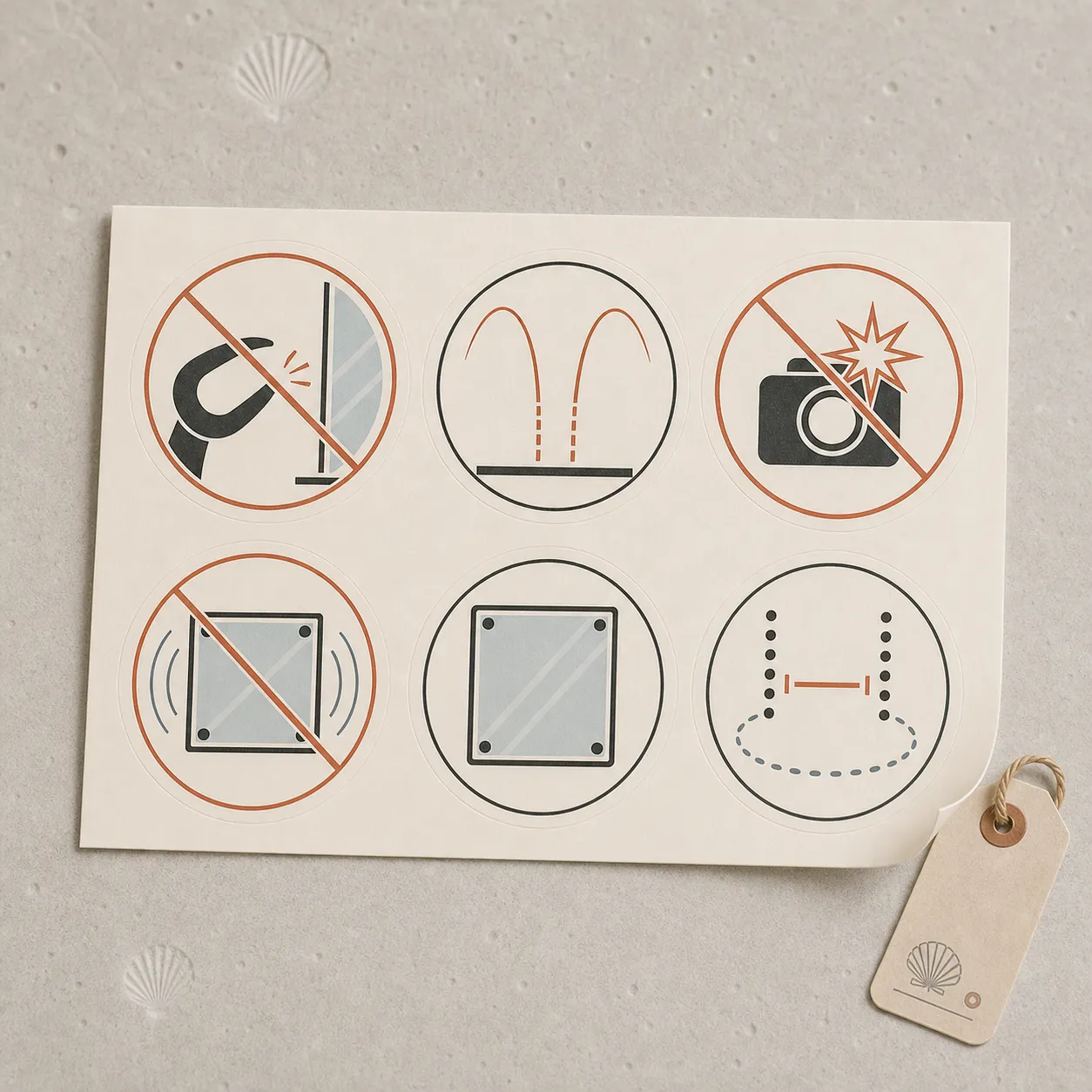 Product photograph of a museum etiquette sticker sheet with pressure-glass, antennae, flash, and distance pictograms.