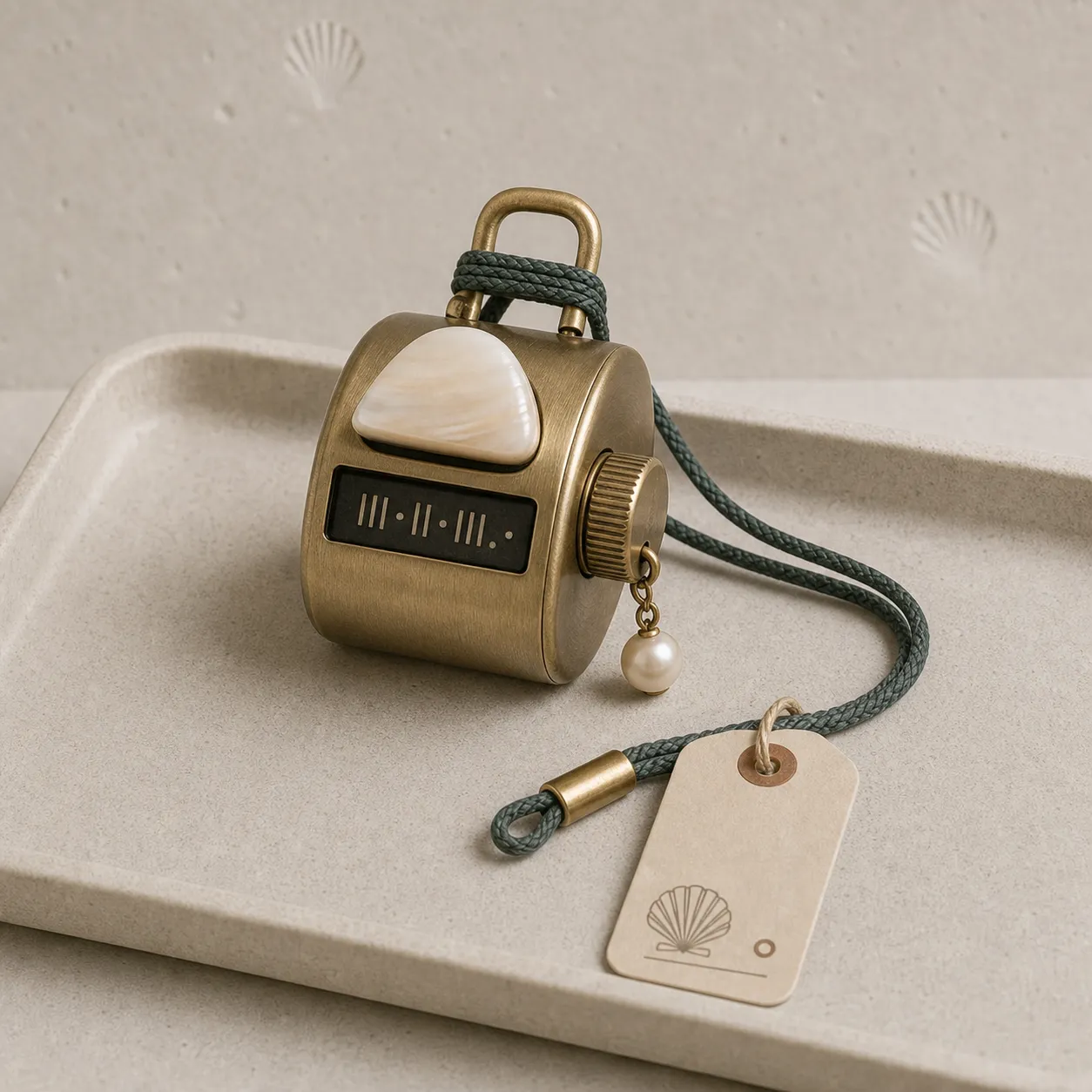 Product photograph of a small brass tally counter with a shell button and claw-friendly loop.
