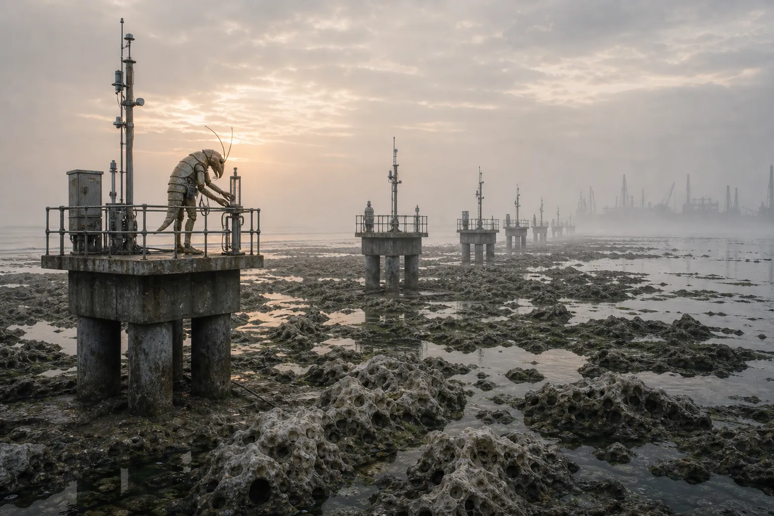 A hazy coastal photograph of a depleted reef edge with porous bleached rock, tidal pools, receding monitoring pylons, distant industrial silhouettes, and a shrimp-folk engineer at a gauge platform.