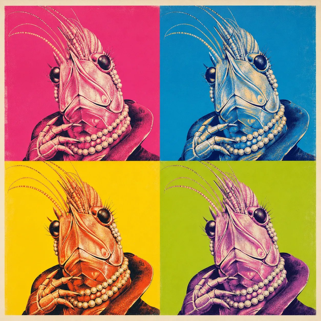 A four-panel Pop Art silkscreen grid repeating a glamorous shrimp-folk diva portrait in bright magenta, blue, yellow, and green colorways.
