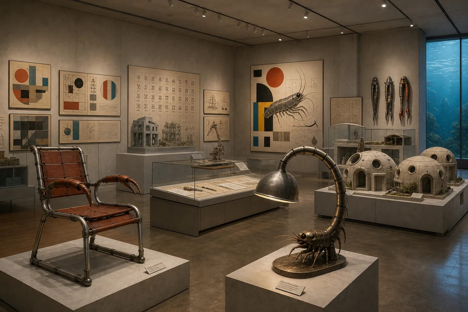 A modern design gallery with claw-friendly tubular chair, shrimp-form task lamp, modular shell-concrete dwelling models, vitrined tools, diagram boards, plinths, and a blue pressure-glass window.