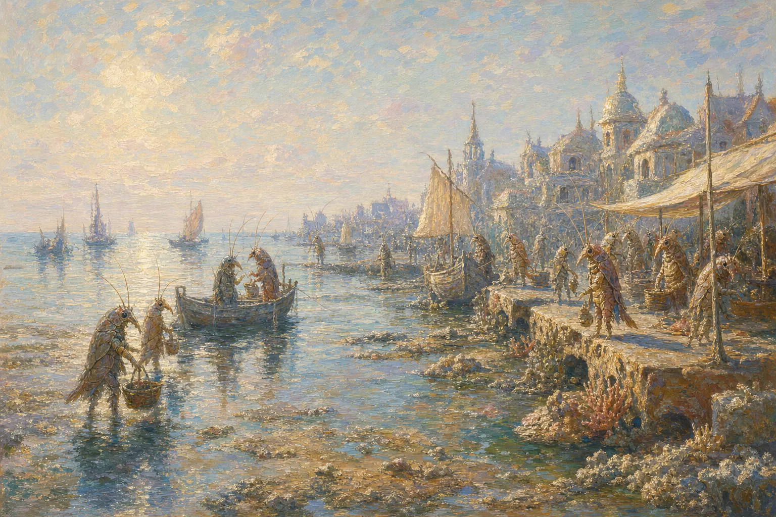 An Impressionist reef harbor with shrimp-folk workers, shell boats, coral quays, wet tidal channels, and pale morning light.