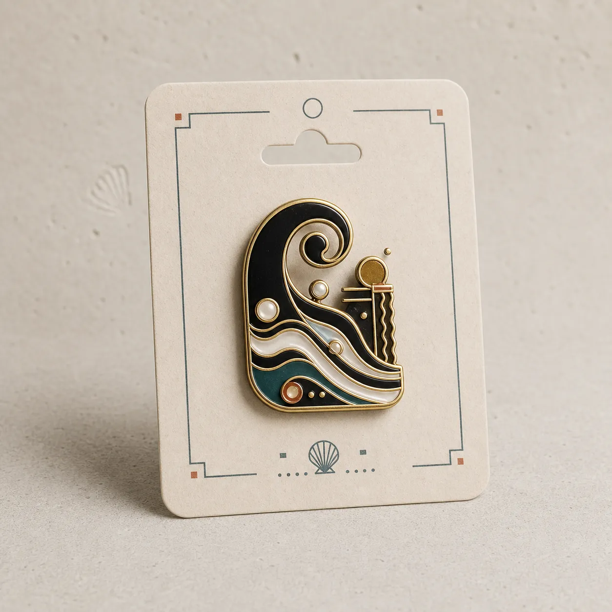 Product photograph of a brass-rimmed enamel claw pin with abstract current shapes.