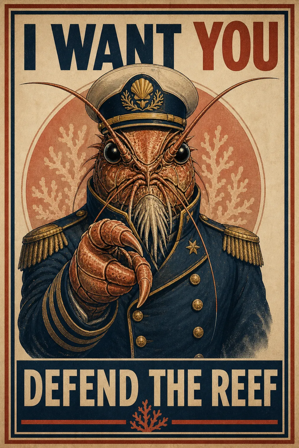 A vintage shrimp-folk recruitment poster with the readable words I WANT YOU above a stern admiral pointing a claw toward the viewer, with a bottom reef-defense slogan panel.