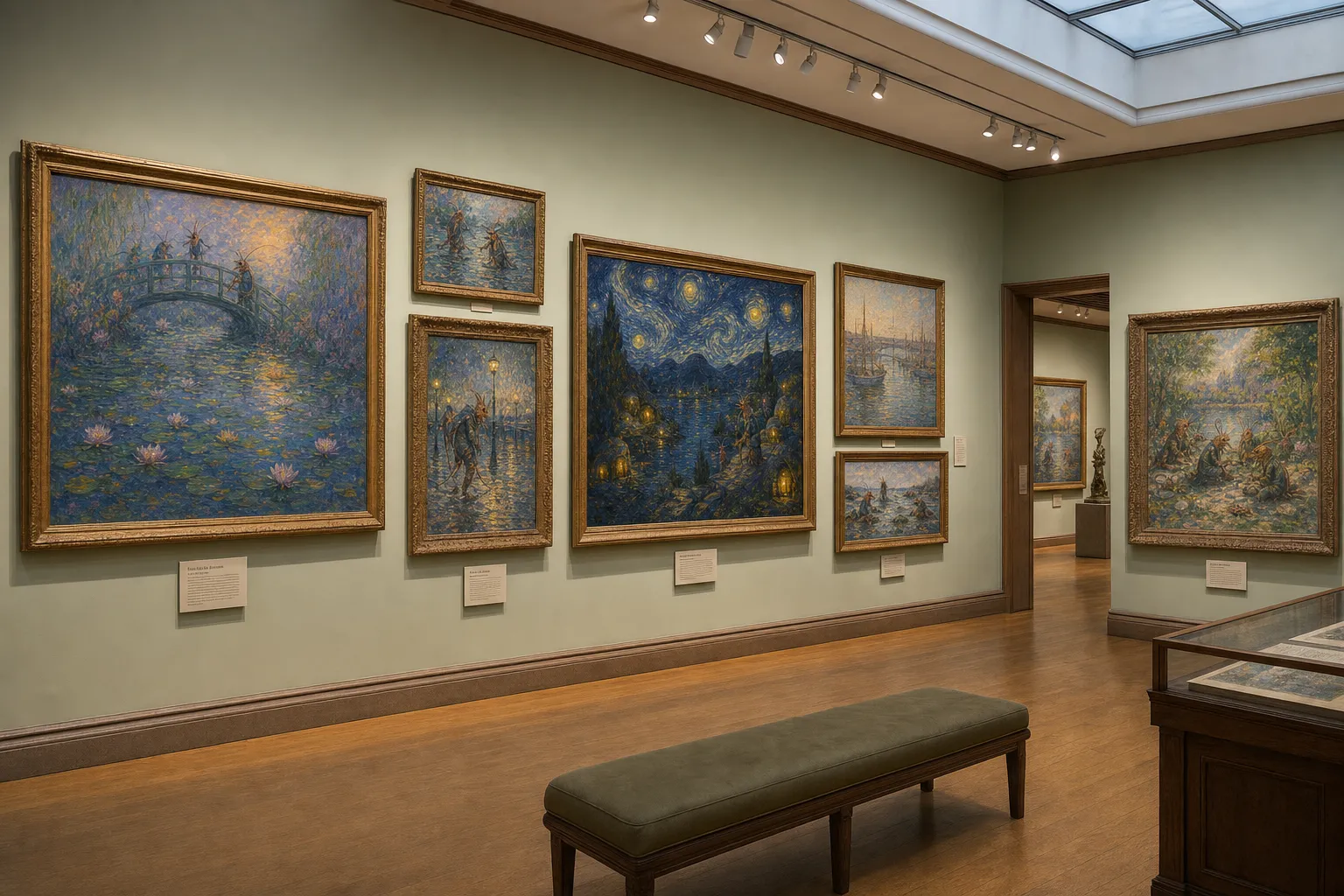 An angled museum-room photograph of shrimp-folk Impressionist paintings with water lilies, starry reef, lantern scenes, shore studies, benches, doorway depth, and filled wall labels below the works.