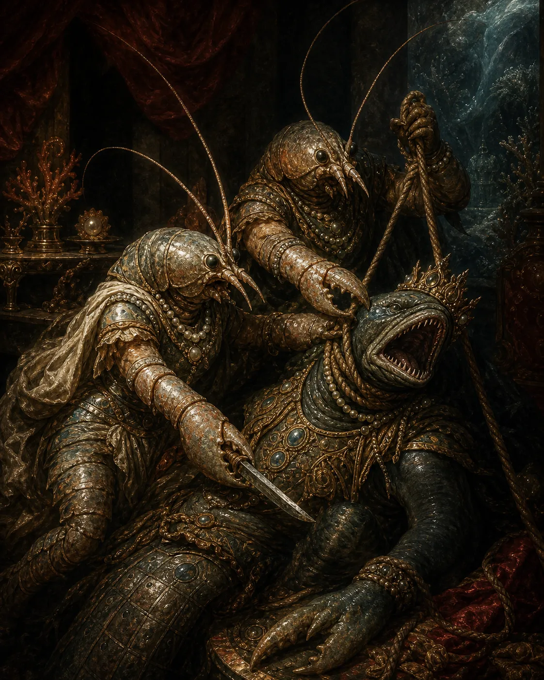 A dramatic Baroque scene of two armored shrimp-folk women subduing a crowned eel tyrant in a dark palace chamber.