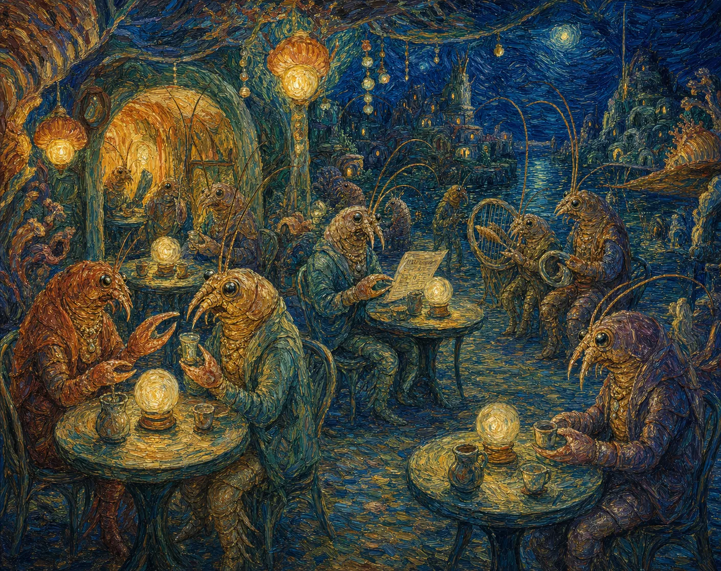 A Van Gogh-like night cafe scene with shrimp-folk patrons, pearl lanterns, cobalt reef shadows, and thick swirling brushwork.
