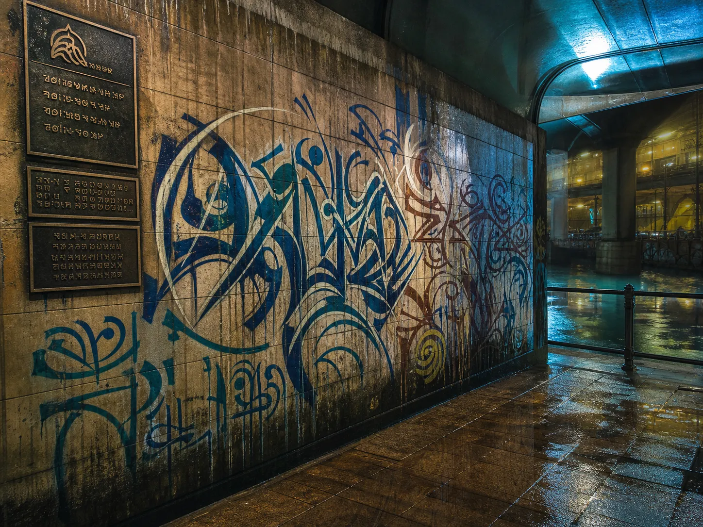 A wet pressure-glass canal underpass photographed at night, with layered blue and rust shell-script graffiti across a stained wall.