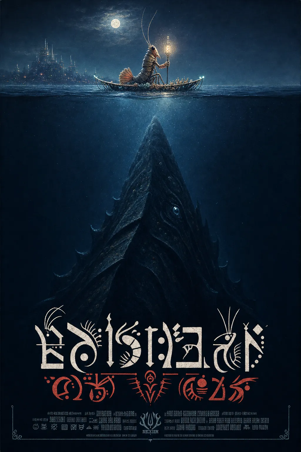 A dark shrimp-folk suspense poster showing a tiny moonlit skiff and signal diver above the enormous shadow of an abyssal leviathan, with large glyph title forms.