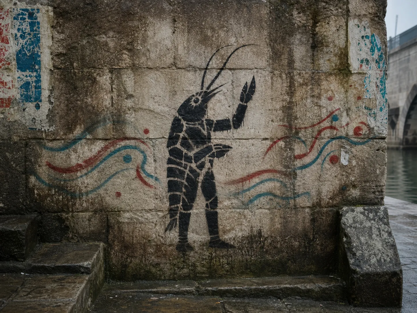 A weathered black shrimp-folk stencil painted on a tide-stained canal wall, with red and teal current marks crossing rough stone.