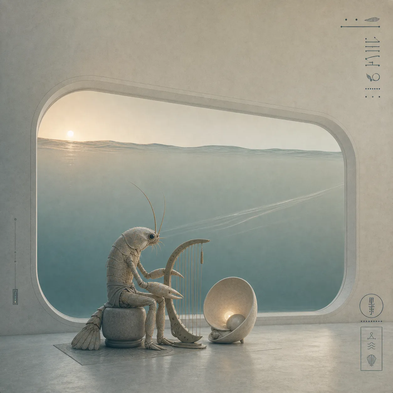 A minimalist ambient LP cover with a seated shrimp-folk sound artist, current harp, shell resonator, pale pressure-glass window, and tiny invented glyph marks.