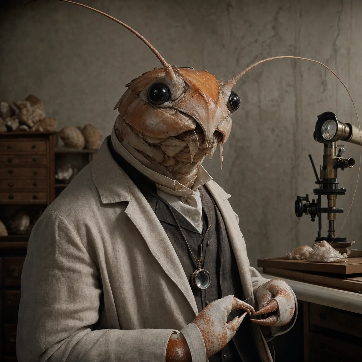 Lysander Brack, an older shrimp-folk conservator in a linen conservation coat beside studio instruments.