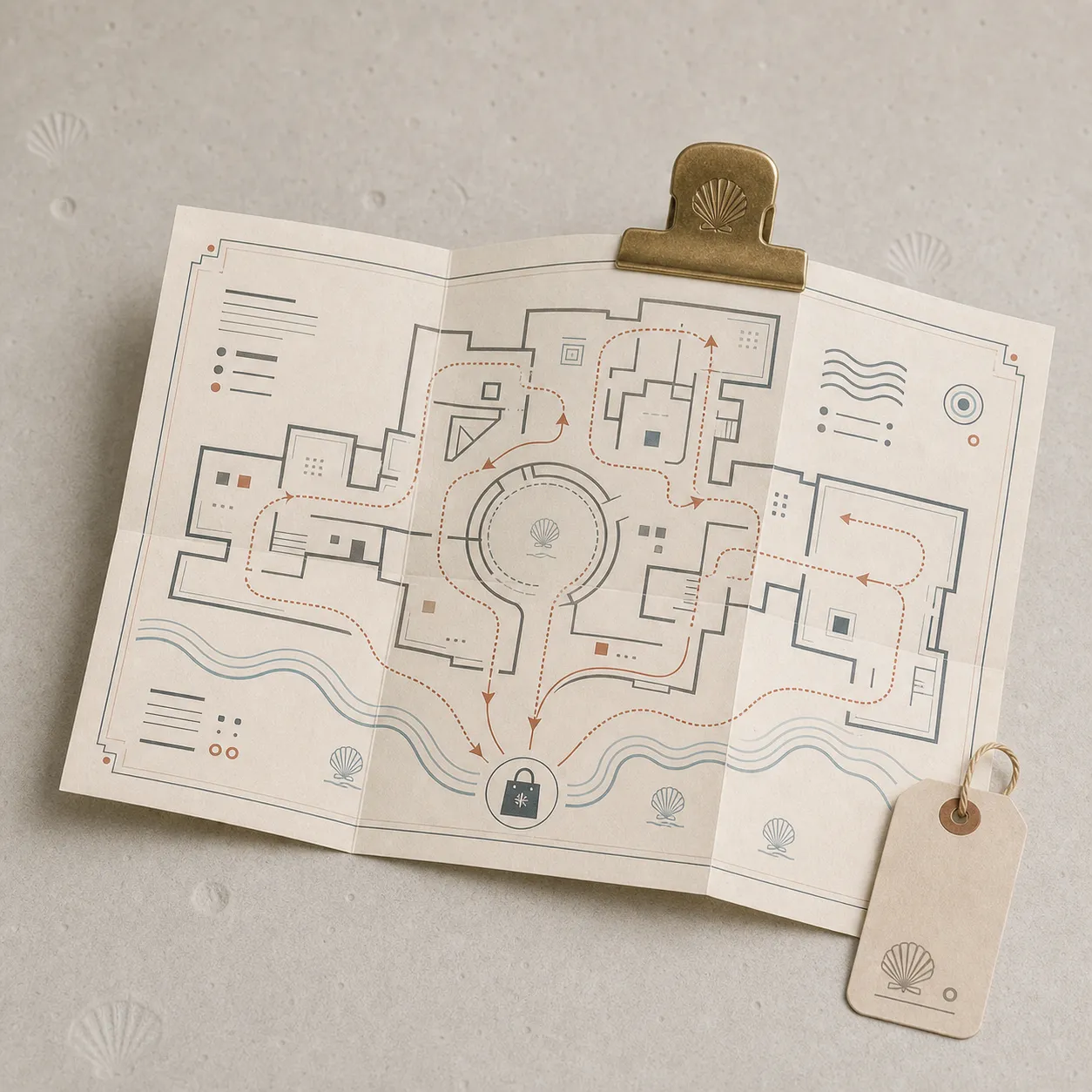 Product photograph of a folded museum map with looping route diagrams and shell-paper texture.