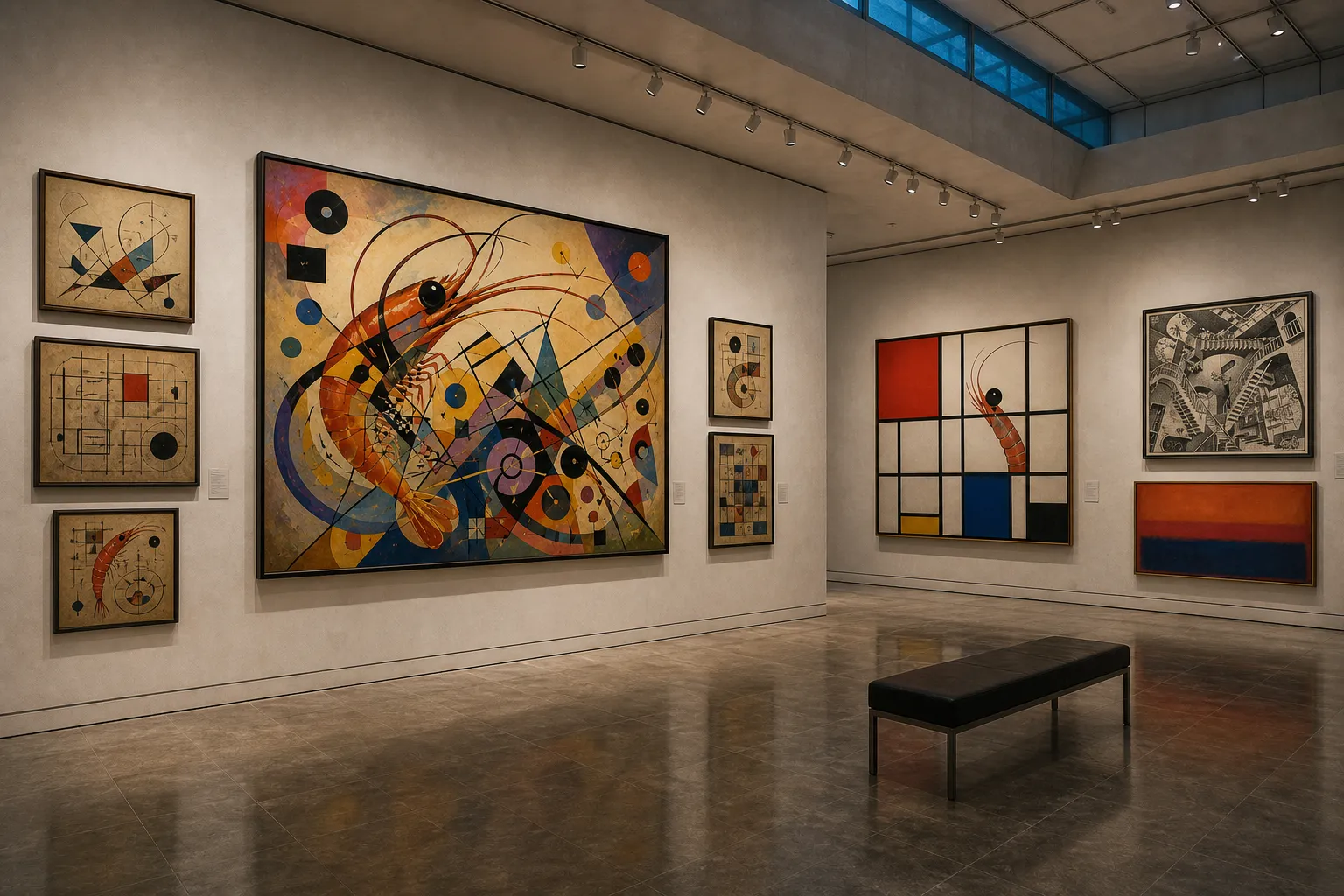 A photographed modernist museum gallery with a large Kandinsky-like shrimp-folk abstraction, a Mondrian grid, Escher-like stair print, color-field canvas, smaller geometric studies, polished floor, and bench.