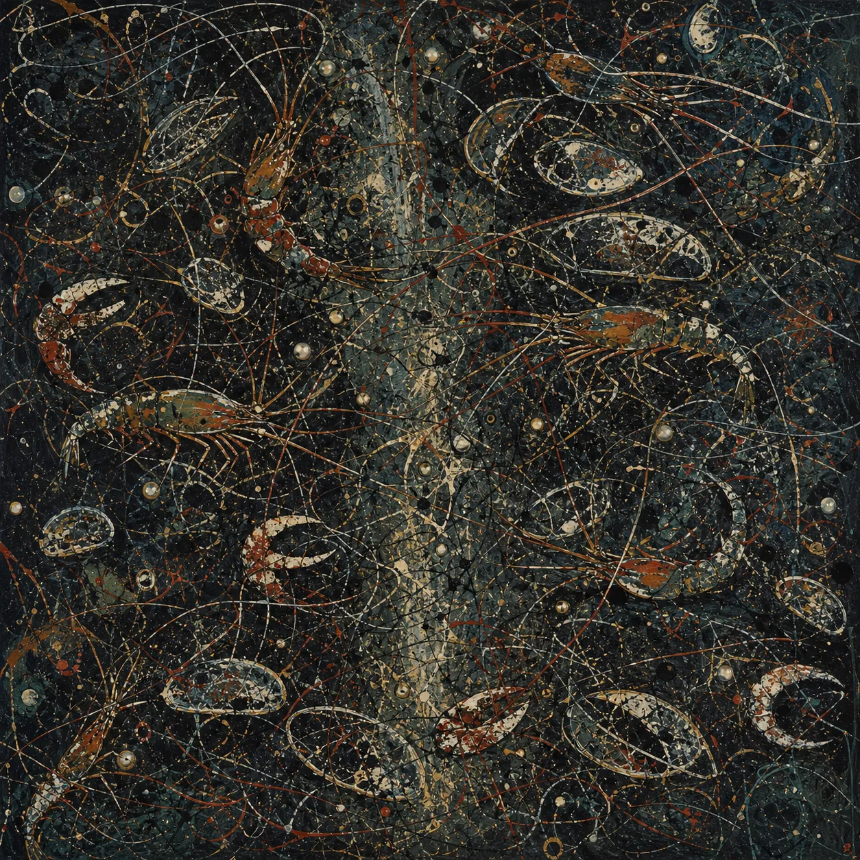 A dark Pollock-like drip painting with shell ovals, shrimp-folk movement traces, pearl points, red-brown strokes, and pale lines over a black tide field.