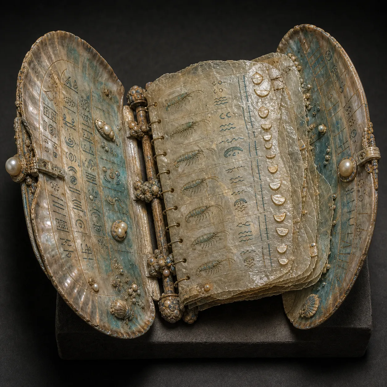 A hinged shell ledger with translucent molt membranes, pearl seals, tide glyphs, and blue-green mineral staining.