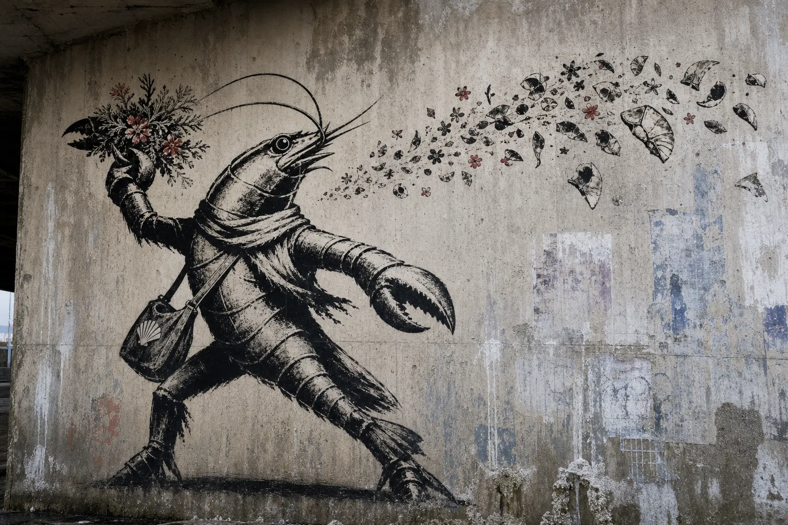 A black shrimp-folk protest mural on a weathered concrete underpass wall, with a figure throwing reef flowers and shed shell fragments in an arcing spray.
