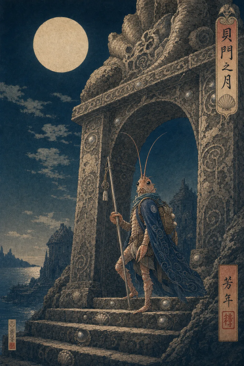 A moonlit ukiyo-e-style print of a shrimp-folk pilgrim standing with a staff beneath a monumental carved shell gate.