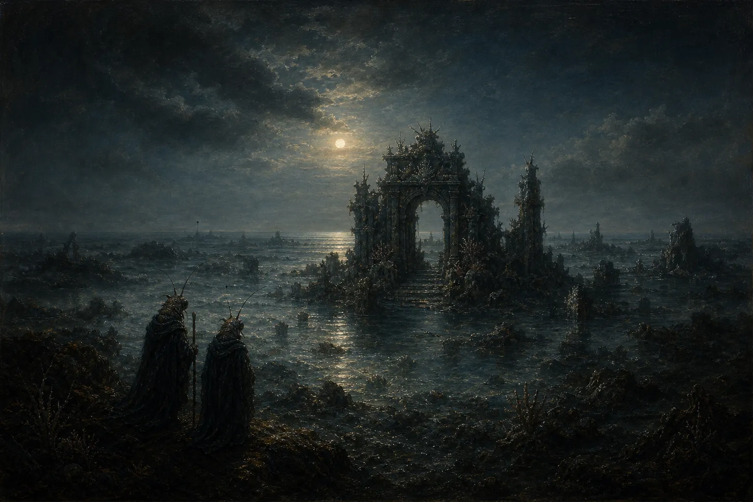 A moonlit Romantic seascape where two cloaked shrimp-folk pilgrims face a ruined reef temple half-submerged in mist.