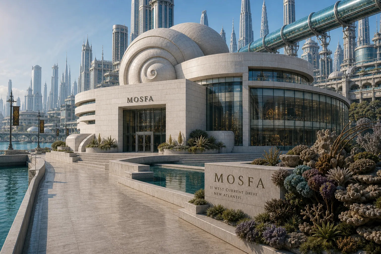 The MoSFA building on Central Reef in New Atlantis, with pale museum architecture, wet civic paving, reef gardens, and city towers beyond.